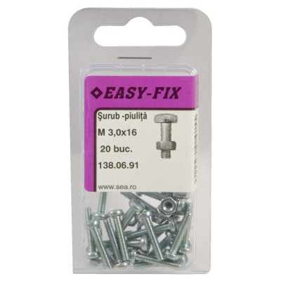 Surub cu cap bombat, amprenta cruce, cu piulita, Easy-Fix, otel, zincat alb, M3 x 16 mm, set 20 bucati foto