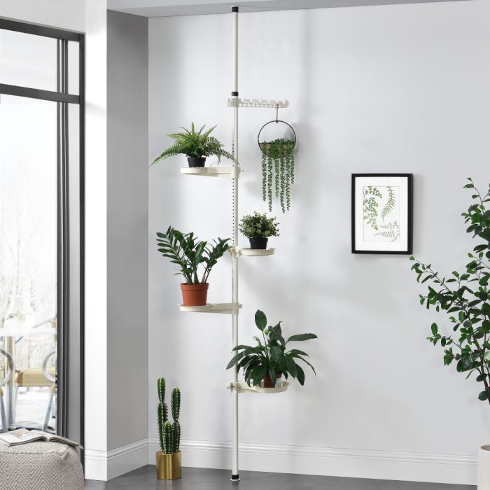 Suport de Flori Telescopic pentru Interior, Reglabil 110-305 cm, 4 Tavite si 1 Suport pentru Agatat Ghivece, Alb