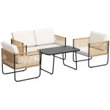 Outsunny Set Mobilier de Grădină din 4 Piese cu Canapea, 2 Fotolii și Măsuță, 110x61x63 cm, Alb Crem | Aosom Romania