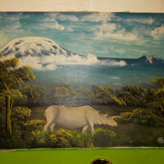 Rinocer - PICTURA suprarealista in ULEI pe panza , semnata K. Bilali