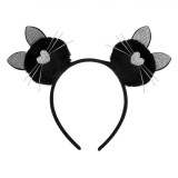 Coronita Par Pompon, Urechi Pisica, Glitter Argintiu, Negru, Poliester, Oem