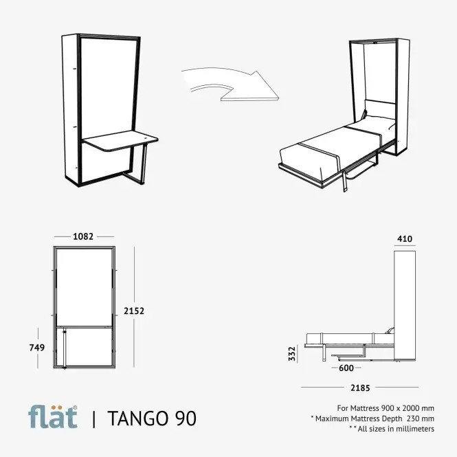 Pat rabatabil cu birou TANGO 90 FLAT 900mm x 2000mm pal vanilie