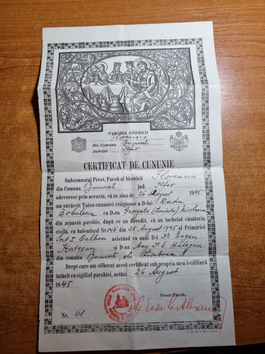 certificat de cununie - 26 august 1945