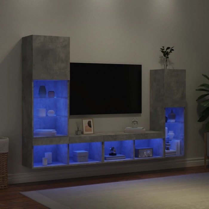 vidaXL Unități TV de perete cu LED-uri 4 piese gri beton lemn compozit