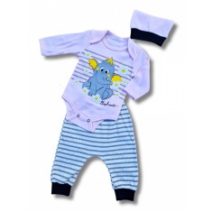 Set body, pantaloni si caciulita elefantel roz bebelusi bumbac 0-6 luni