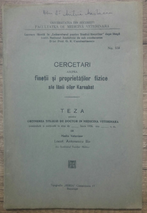 Cercetari asupra finetii si proprietatilor fizice ale lanii oilor Karnabat/ 1936