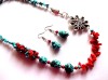 Set Bijuterii Handmade Coral &amp; Turcoaz cu Zamac: Colier cu Pandantiv &amp; Cercei - Pietre Semipretioase, Argintiu