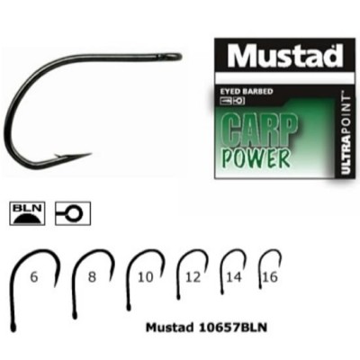 Carlige MUSTAD Ultrapoint Carp Power 10657BLN, Eyed Barbed, Nr.6, 10buc/pac foto