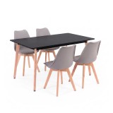 Set Sufragerie Leziter Silla 150 Negru-Gri 4+1 - Masa MDF 150cm, Scaune Polipropilena, Picioare Lemn