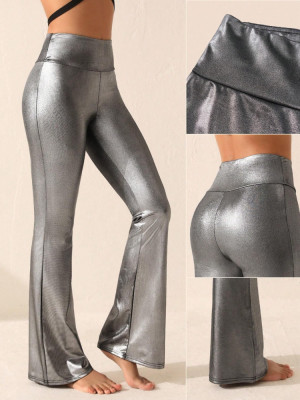 Pantaloni evazati, cu talie medie, argintiu, dama, Shein foto