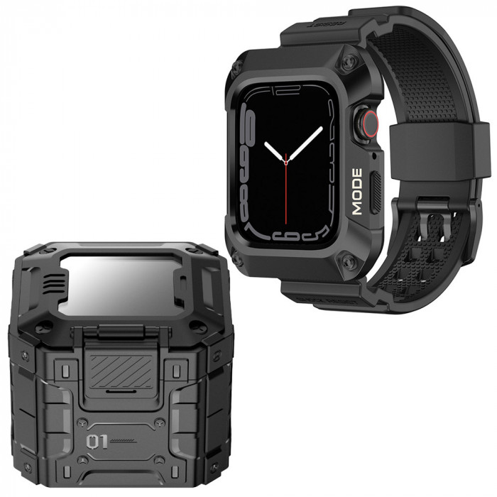 Husa compatibila apple watch 7 / 8 / 9 45mm si curea ruggedarmor, black