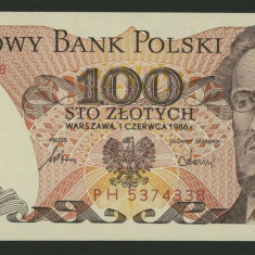 POLONIA █ bancnota █ 100 Zlotych █ 1986 █ P-143e █ UNC █ necirculata