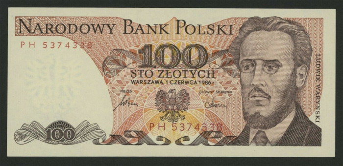 POLONIA █ bancnota █ 100 Zlotych █ 1986 █ P-143e █ UNC █ necirculata