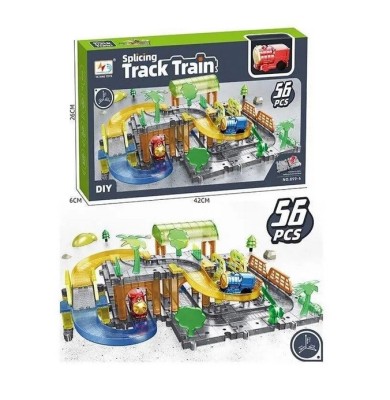 Set asamblare circuit cu locomotiva electrica, statie si pod 56 piese foto