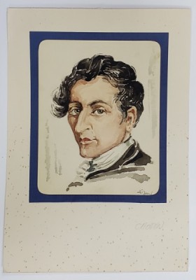 COMPOZITORUL FREDERIC CHOPIN , ACUARELA , SEMNATA INDESCIFRABIL , SEC. XX foto