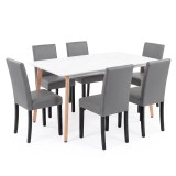 Set Sufragerie Leziter Verona 150 6+1 Alb-Gri. Masa 150cm Alb MDF, 6 Scaune Gri Piele Sintetica, Picioare Lemn.