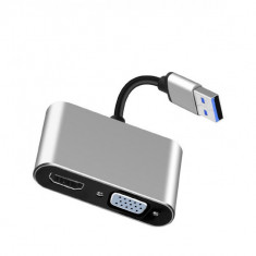 Adaptor 2in1 USB 3.0 la HDMI + VGA pt laptop, pc, proiector, suporta 2K, metalic