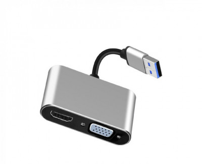 Adaptor 2in1 USB 3.0 la HDMI + VGA pt laptop, pc, proiector, suporta 2K, metalic foto