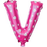Balon folie metalizata litera v, flippy, 40 cm, cu imprimeu inimioare, umflati cu heliu sau aer, ambalaj individual, pai inclus, roz