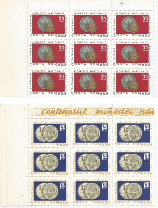 Romania, LP 646/1967, Centenarul monedei nationale, bloc de 9 timbre, MNH