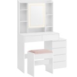 Masa de toaleta VASAGLE cu oglinda LED, taburet si 6 sertare, alb