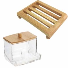 Set 2 Piese din Bambus, Cutie Depozitare Betisoare de Ureche si Sapuniera Anti-Derapanta cu Drenaj Apa, Maro