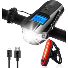 Far de bicicleta 3 in 1, masoara viteza, distanta, timp. Ecran LCD, Stop detasabil, Culoare negru