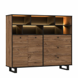 Cumpara ieftin Cabinet din metal si pal, cu 3 sertare, 2 usi si LED inclus Sedna Large Stejar / Negru, l144,3xA42xH123,2 cm