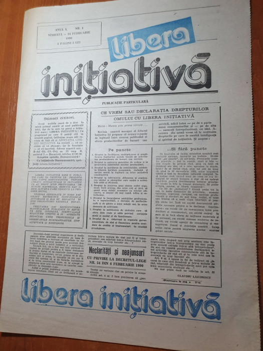 ziarul libera initiativa anul 1,nr. 1 din 24 februarie 1990-prima aparitie