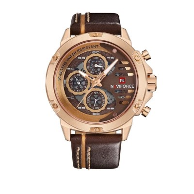 Ceas barbatesc Naviforce Elegant Casual Analog Quartz Cronograf Maro Auriu Roze foto