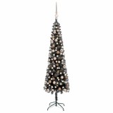 Brad de Crăciun pre-iluminat slim, set globuri, negru, 150 cm