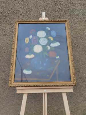 Tablou vechi pictat pe panza - Vaza cu flori. foto
