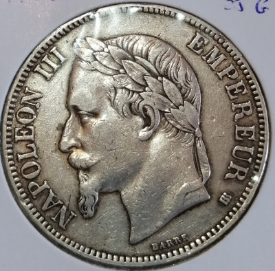 Monedă argint 5 francs 1868 superbă foto