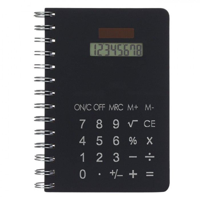 Carnet Notițe, A5, Cu Spirală, Copertă Dură Neagră, Calculator 8 Cifre, Panou Solar, 80 File
