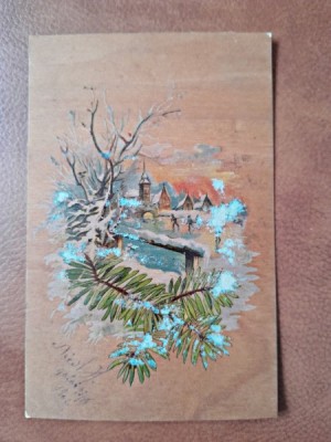 Carte postala, peisaj de iarna cu crengi de brad, 1902 foto