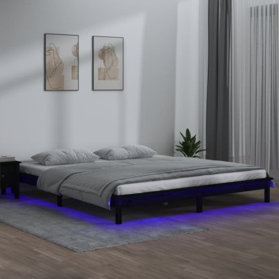 vidaXL Cadru de pat cu LED, negru, 140x190 cm, lemn masiv 820655 foto
