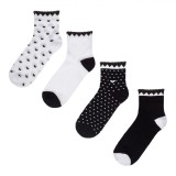 șosete Damă, Quart, Set 4 Perechi, Multicolor, Imprimeu Inimioare și Buline