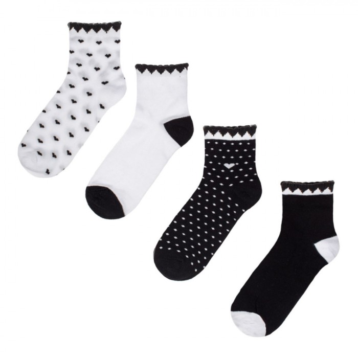 șosete Damă, Quart, Set 4 Perechi, Multicolor, Imprimeu Inimioare și Buline
