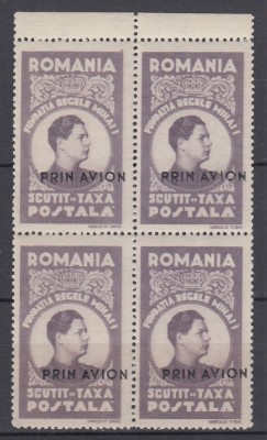 1947 FUNDATIA REGELUI MIHAI PRIN AVION EROARE SUPRATIPAR DEPLASAT BLOC DE 4 MNH foto