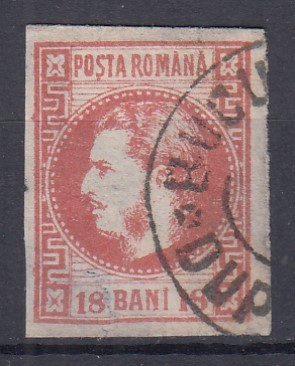 ROMANIA 1868 LP 24 REGELE CAROL I CU FAVORITI 18 BANI ROSU STAMPILAT BUCURESTI foto