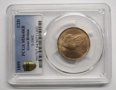 MAREA BRITANIE 1/2 PENNY 1899 MS64RB . RARA IN ACEST GRAD . SECOND TOP POP. foto