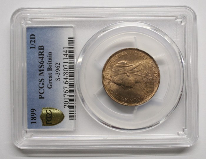 MAREA BRITANIE 1/2 PENNY 1899 MS64RB . RARA IN ACEST GRAD . SECOND TOP POP.