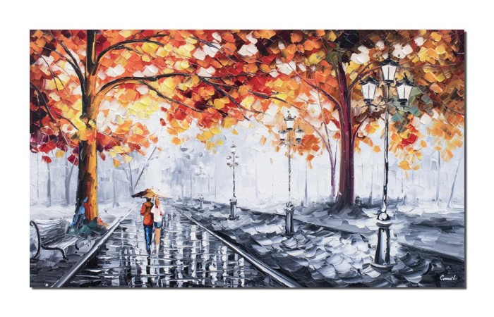 Tablou pictat manual, Impreuna cu iubita, iubitul prin parc, stilizat, 100x60cm ulei pe panza in cutit efect 3D, Magistral