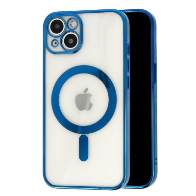 Husa MagSafe pentru Apple iPhone 14, Protectie camera, Full TPU, Margini colorate Electroplating, Magnetica, Incarcare Wireless, Flippy, Albastru foto