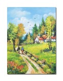 Cumpara ieftin Tablou peisaj rural pictat manual 70x50cm in ulei pe panza, La bunici, amintiri din copilarie, Constantin Feraru