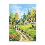 Tablou peisaj rural pictat manual 70x50cm in ulei pe panza, La bunici, amintiri din copilarie, Constantin Feraru