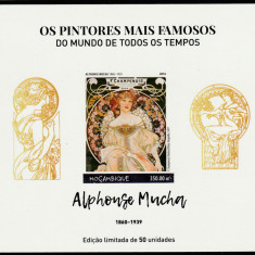 Mozambic 2016-Arta,Pictura,Reproduceri,Alphonse Mucha,colita cartonata,ed.lux