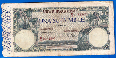 (20) BANCNOTA ROMANIA - 100.000 LEI 1946 (21 OCTOMBRIE 1946), FILIGRAN ORIZONTAL foto