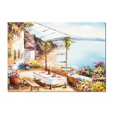 Tablou priveliste de pe terasa pictat manual, 70x50cm ulei pe panza in cutit efect 3D, Spectaculos