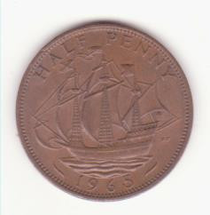 Marea Britanie &amp;frac12; (half) penny 1965 - Elizabeth II 1st portrait. foto
